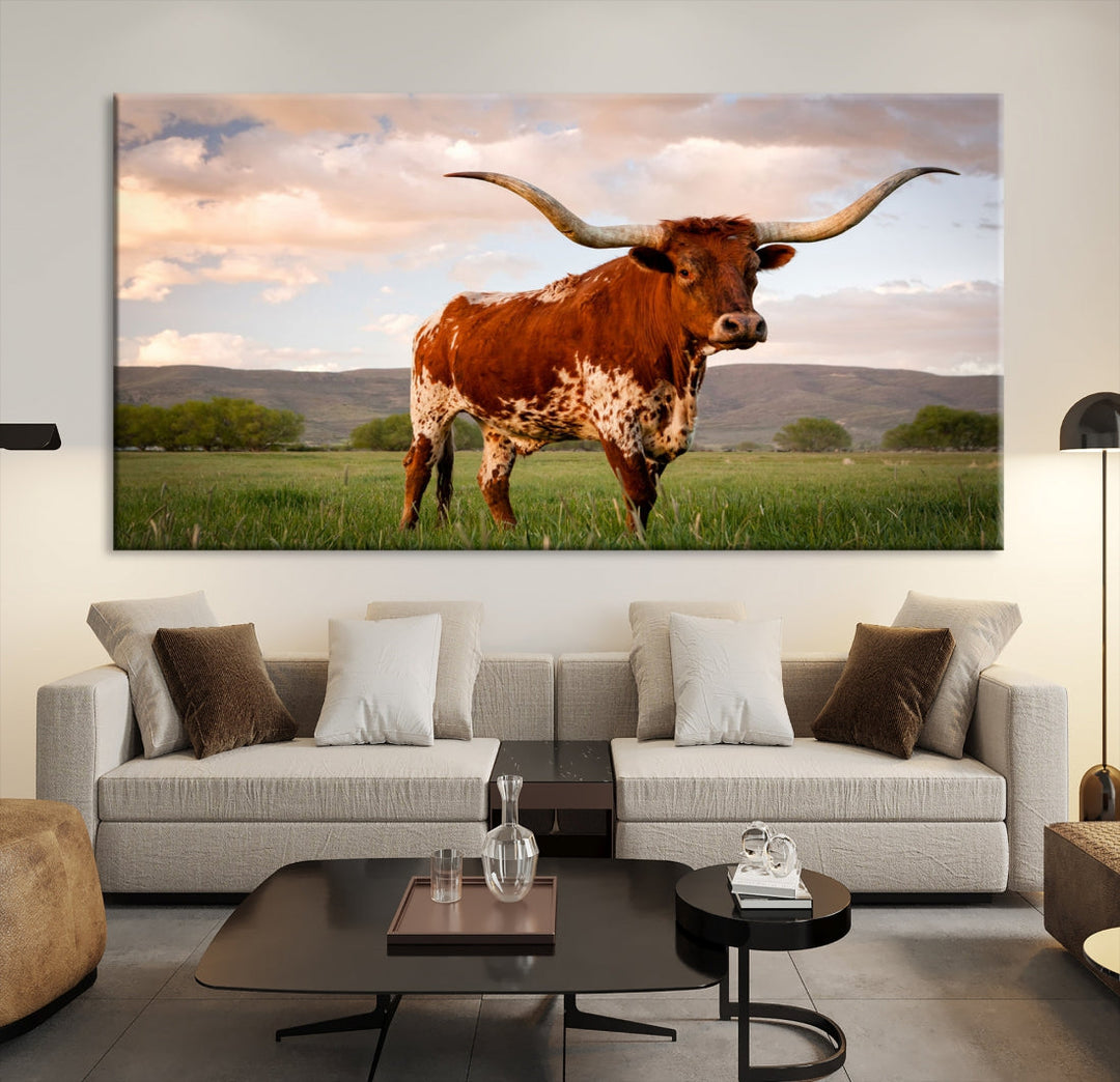 Big Horn Texas Cow Canvas Wall Art Print Animal Pictures on Original Cotton Canvas Framed