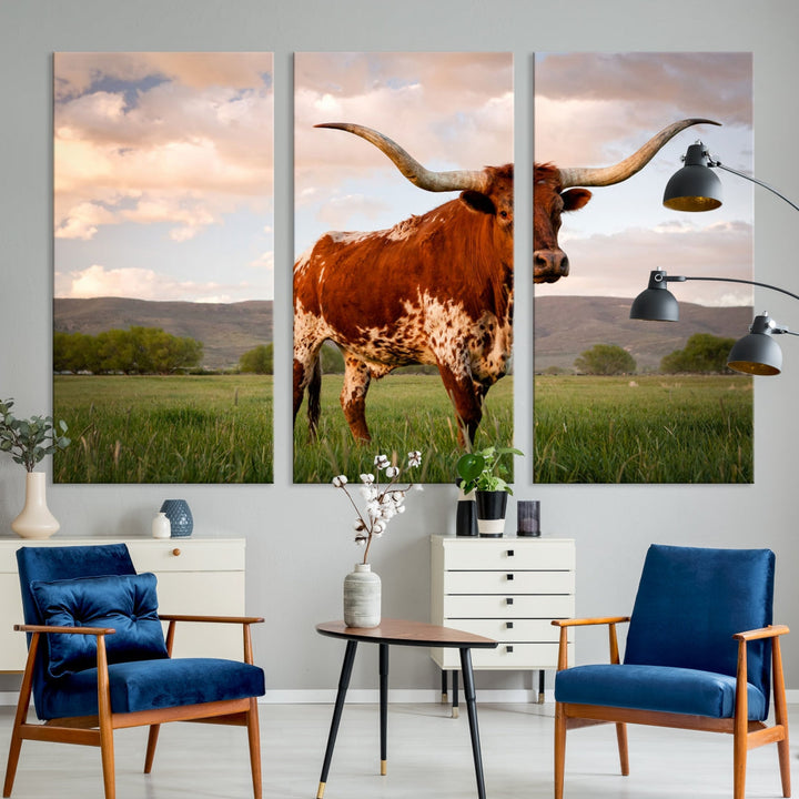 Big Horn Texas Cow Canvas Wall Art Print Animal Pictures on Original Cotton Canvas Framed