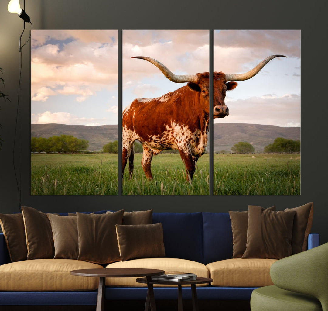 Big Horn Texas Cow Canvas Wall Art Print Animal Pictures on Original Cotton Canvas Framed