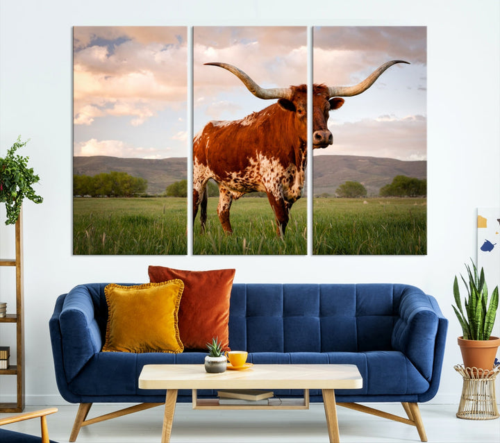 Big Horn Texas Cow Canvas Wall Art Print Animal Pictures on Original Cotton Canvas Framed