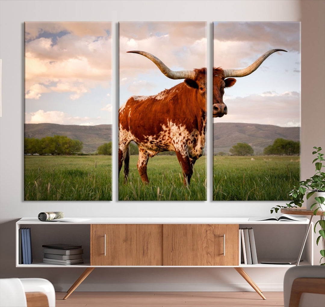 Big Horn Texas Cow Canvas Wall Art Print Animal Pictures on Original Cotton Canvas Framed