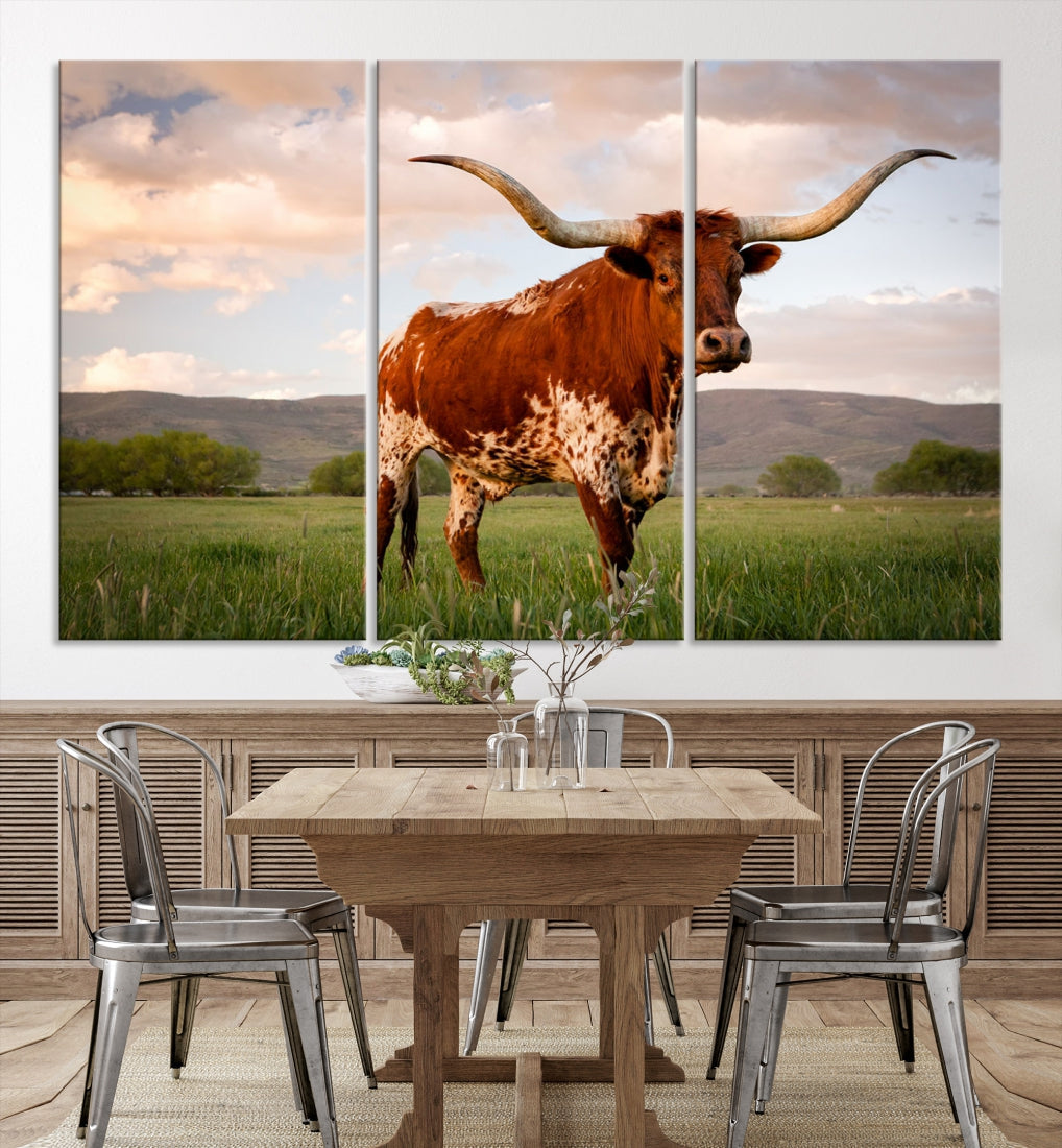 Big Horn Texas Cow Canvas Wall Art Print Animal Pictures on Original Cotton Canvas Framed