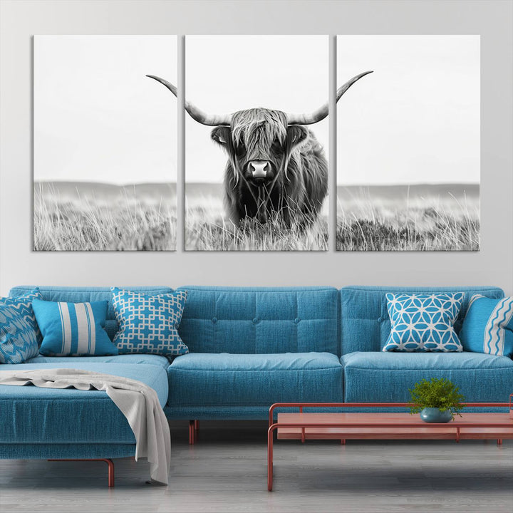 Bighorn Cow Animal Canvas Print Landscape Field Wall Art Longhorn Farmhouse Wall Decor