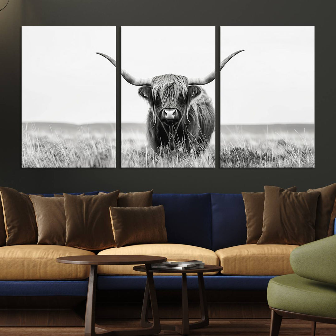 Bighorn Cow Animal Canvas Print Landscape Field Wall Art Longhorn Farmhouse Wall Decor