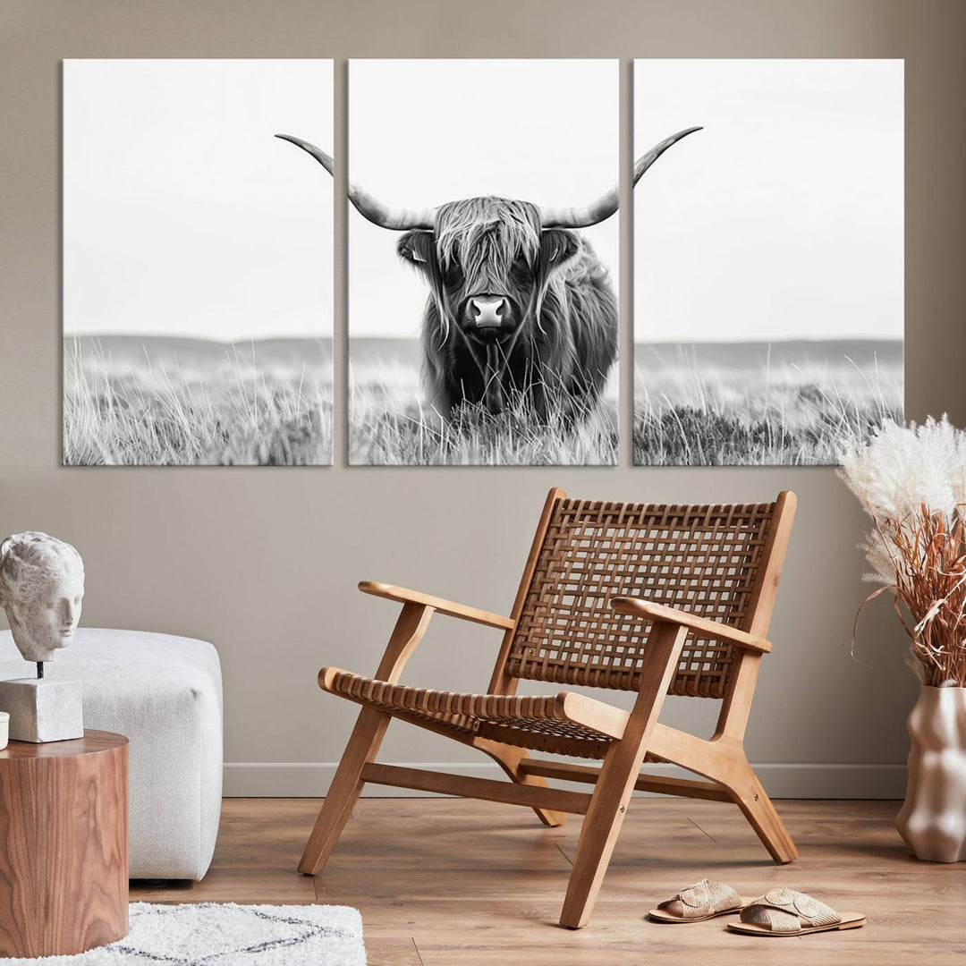 Bighorn Cow Animal Canvas Print Landscape Field Wall Art Longhorn Farmhouse Wall Decor