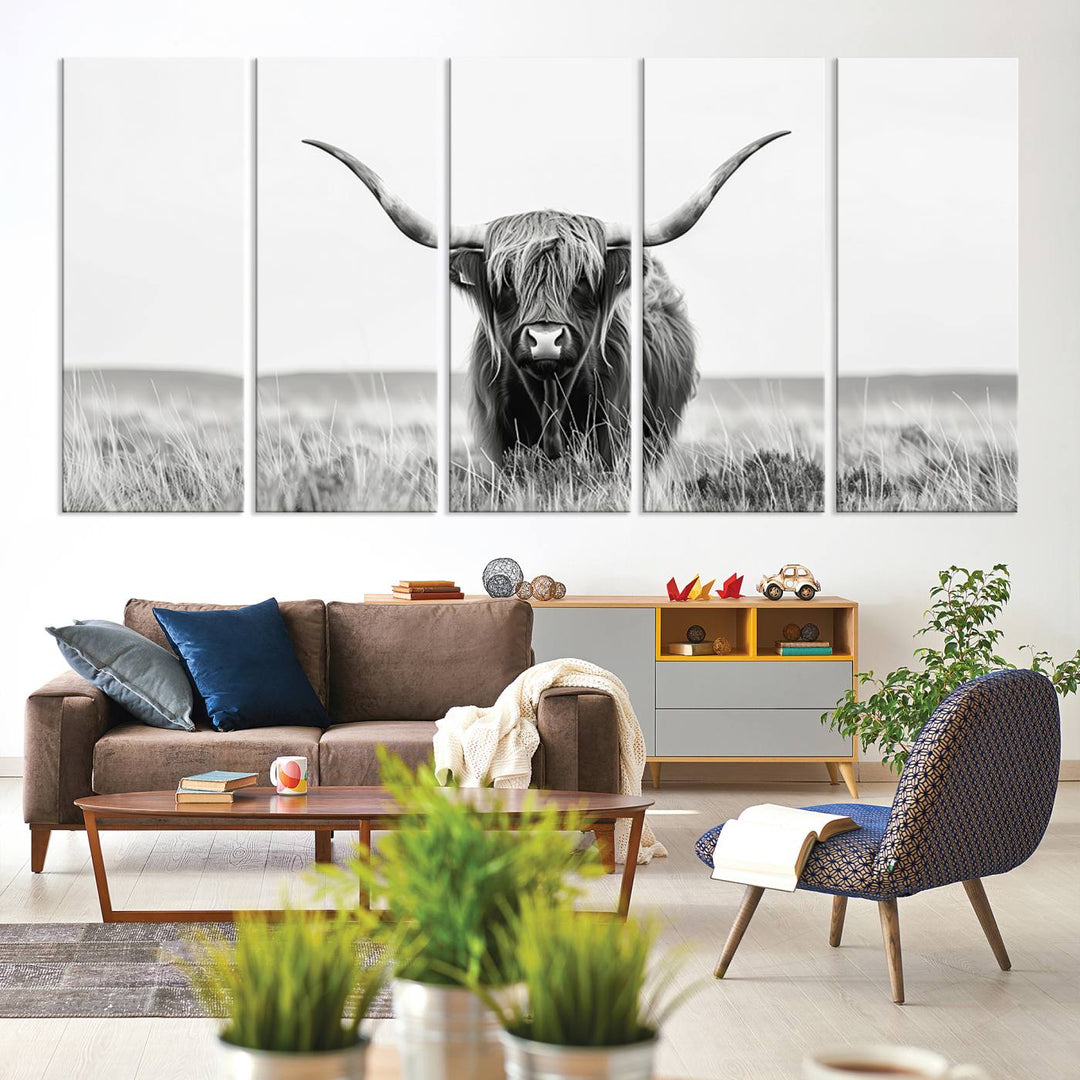 Bighorn Cow Animal Canvas Print Landscape Field Wall Art Longhorn Farmhouse Wall Decor