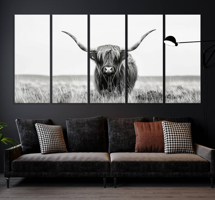 Bighorn Cow Animal Canvas Print Landscape Field Wall Art Longhorn Farmhouse Wall Decor