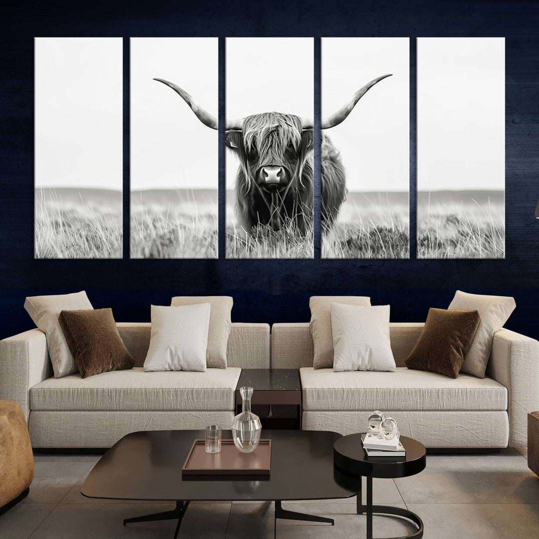 Bighorn Cow Animal Canvas Print Landscape Field Wall Art Longhorn Farmhouse Wall Decor