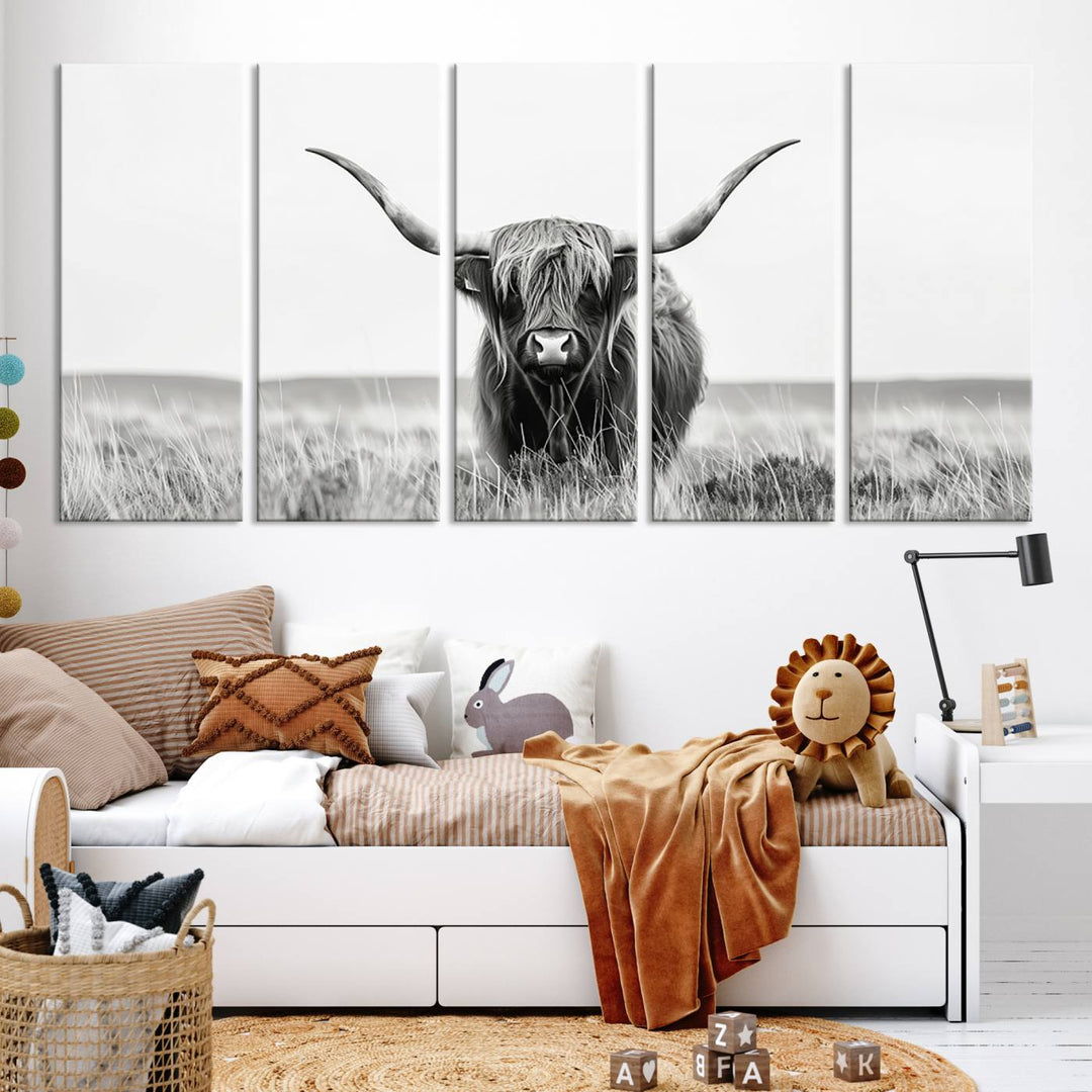 Bighorn Cow Animal Canvas Print Landscape Field Wall Art Longhorn Farmhouse Wall Decor