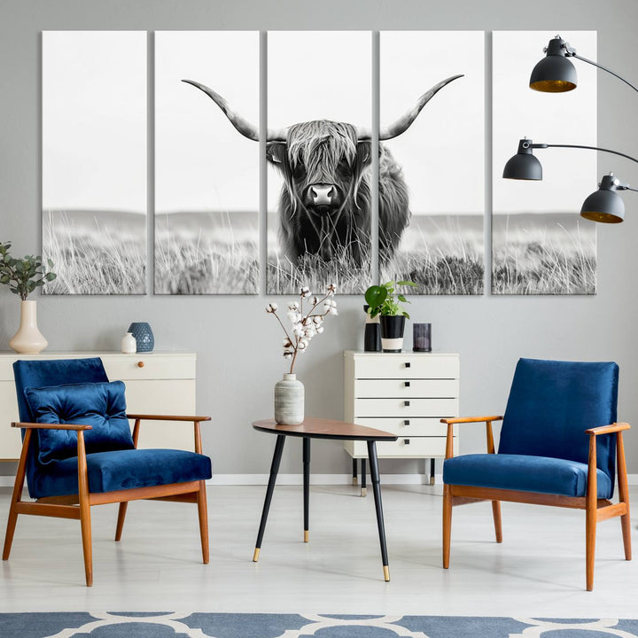 Bighorn Cow Animal Canvas Print Landscape Field Wall Art Longhorn Farmhouse Wall Decor