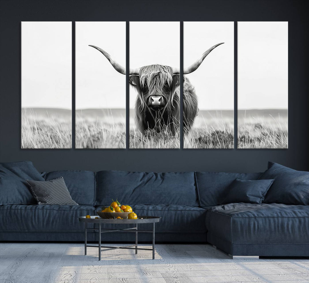 Bighorn Cow Animal Canvas Print Landscape Field Wall Art Longhorn Farmhouse Wall Decor