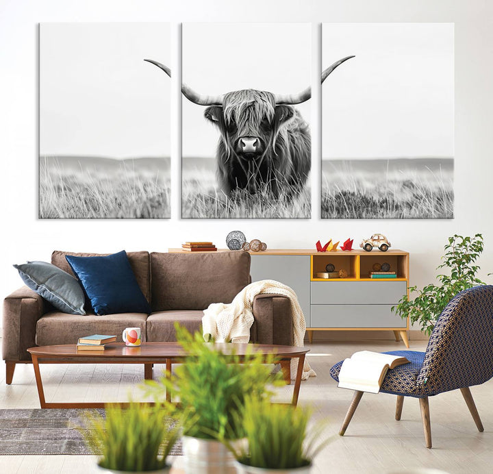 Bighorn Cow Animal Canvas Print Landscape Field Wall Art Longhorn Farmhouse Wall Decor