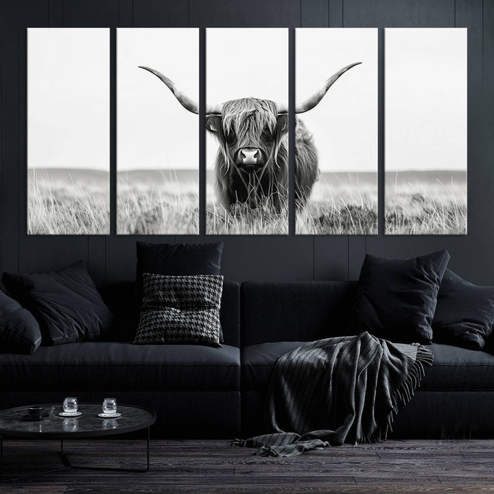 Bighorn Cow Animal Canvas Print Landscape Field Wall Art Longhorn Farmhouse Wall Decor