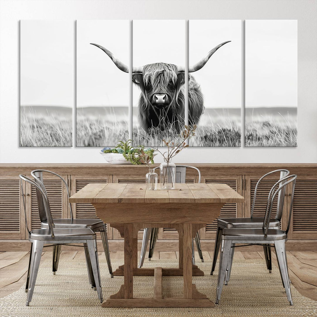 Bighorn Cow Animal Canvas Print Landscape Field Wall Art Longhorn Farmhouse Wall Decor