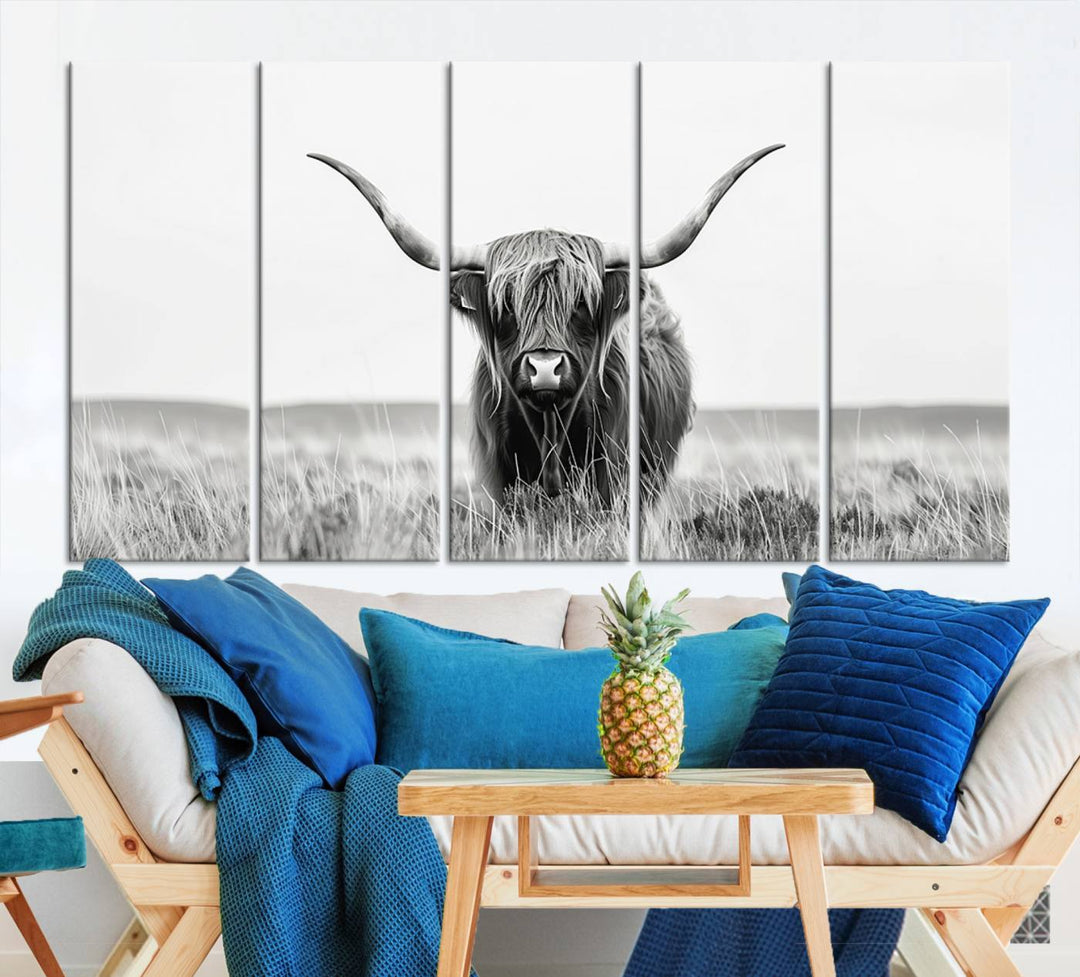 Bighorn Cow Animal Canvas Print Landscape Field Wall Art Longhorn Farmhouse Wall Decor