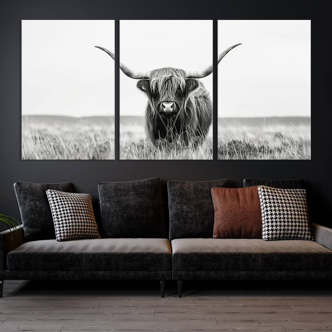 Bighorn Cow Animal Canvas Print Landscape Field Wall Art Longhorn Farmhouse Wall Decor