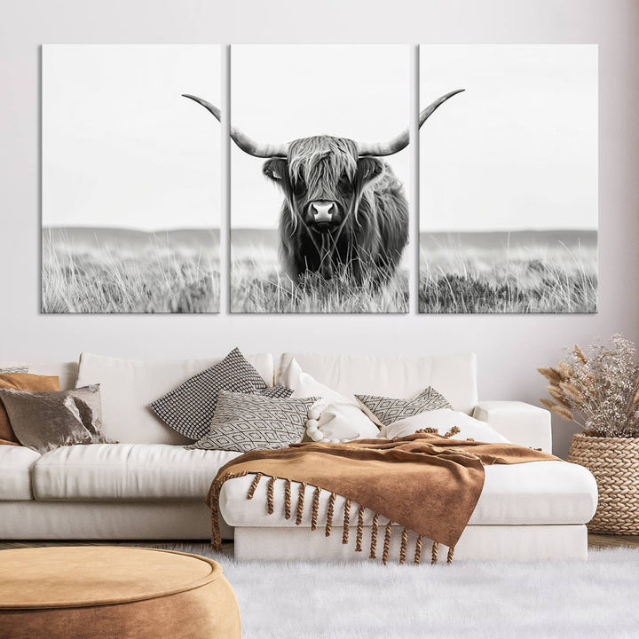 Bighorn Cow Animal Canvas Print Landscape Field Wall Art Longhorn Farmhouse Wall Decor