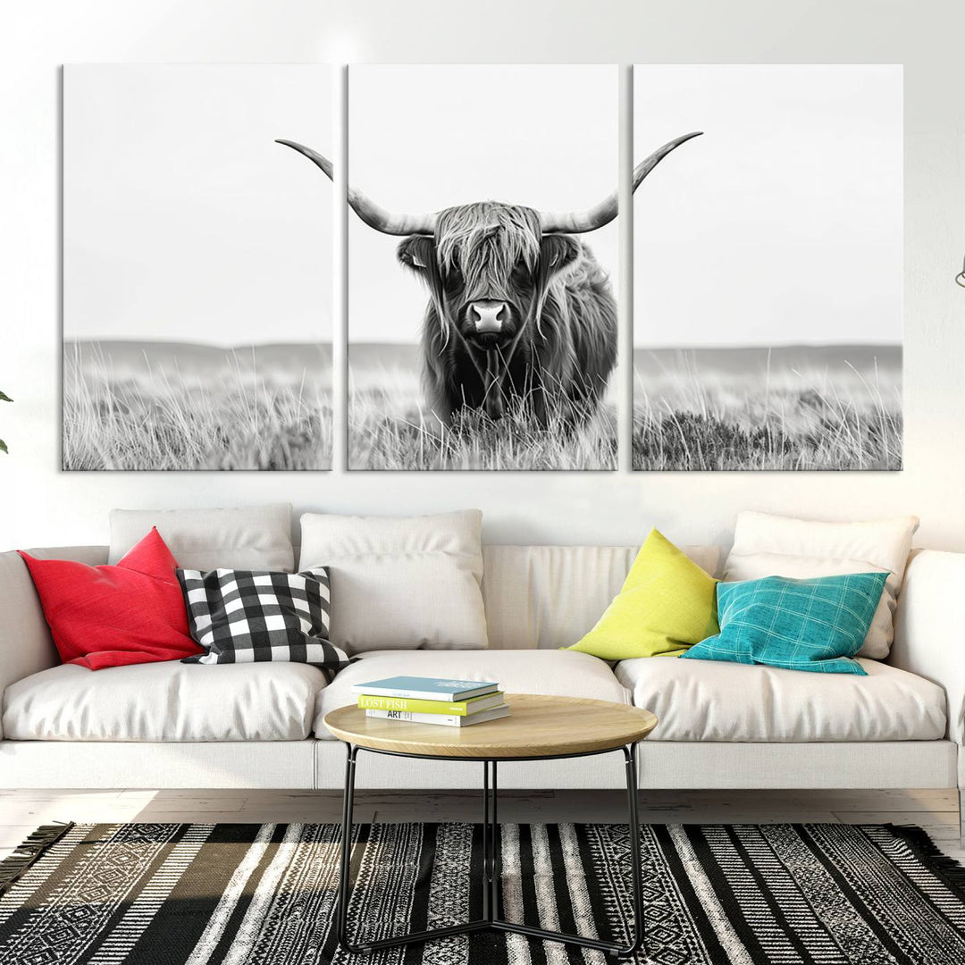 Bighorn Cow Animal Canvas Print Landscape Field Wall Art Longhorn Farmhouse Wall Decor