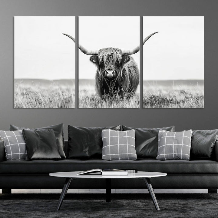 Bighorn Cow Animal Canvas Print Landscape Field Wall Art Longhorn Farmhouse Wall Decor