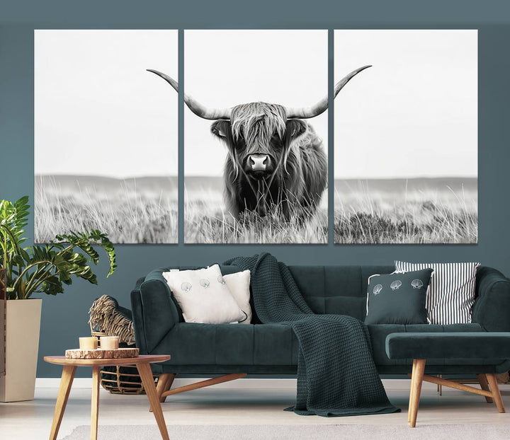 Bighorn Cow Animal Canvas Print Landscape Field Wall Art Longhorn Farmhouse Wall Decor