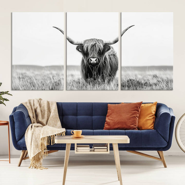 Bighorn Cow Animal Canvas Print Landscape Field Wall Art Longhorn Farmhouse Wall Decor