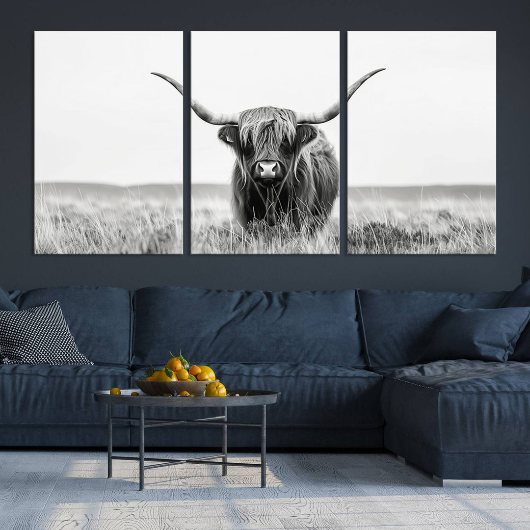 Bighorn Cow Animal Canvas Print Landscape Field Wall Art Longhorn Farmhouse Wall Decor