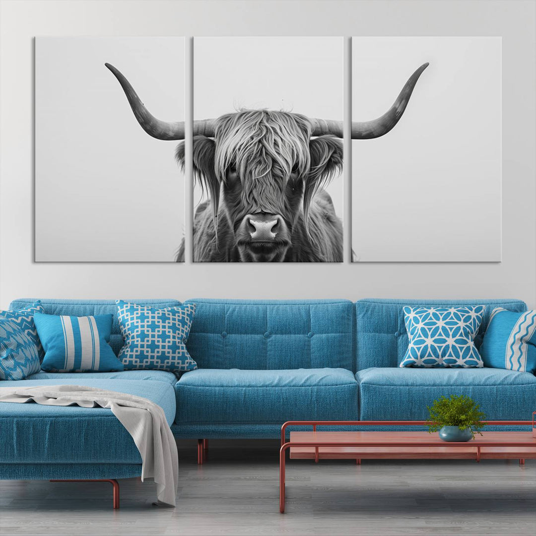 Bighorn Cow Black and White Animal Canvas Print Farmhouse Mountain House Wall Decor