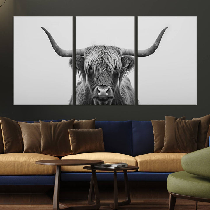 Bighorn Cow Black and White Animal Canvas Print Farmhouse Mountain House Wall Decor