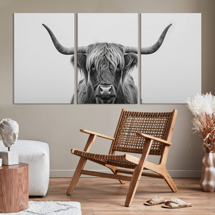 Bighorn Cow Black and White Animal Canvas Print Farmhouse Mountain House Wall Decor