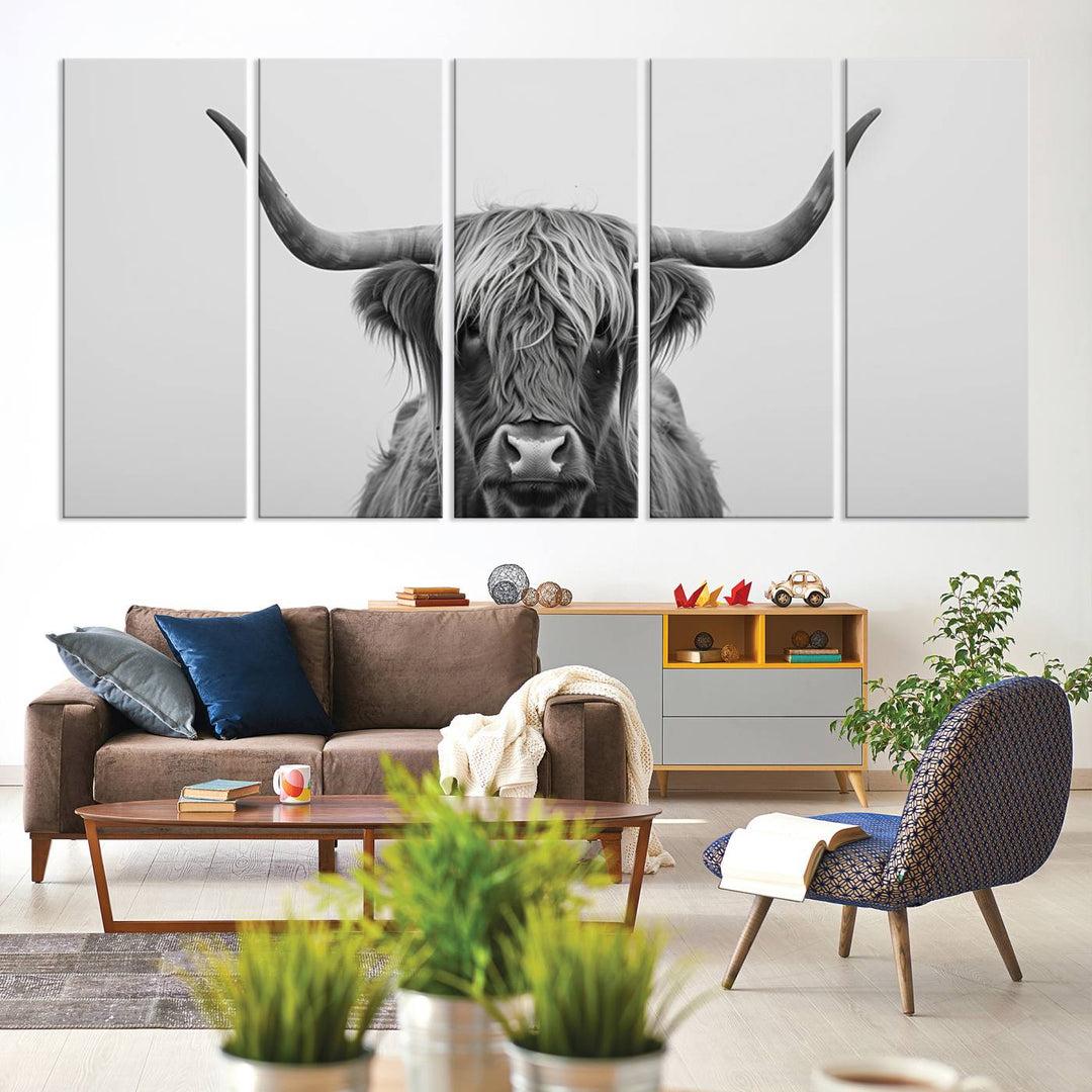 Bighorn Cow Black and White Animal Canvas Print Farmhouse Mountain House Wall Decor