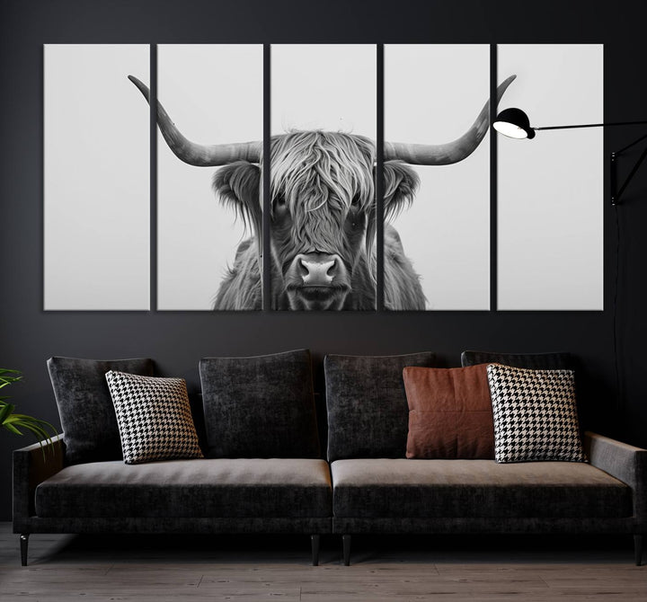 Bighorn Cow Black and White Animal Canvas Print Farmhouse Mountain House Wall Decor