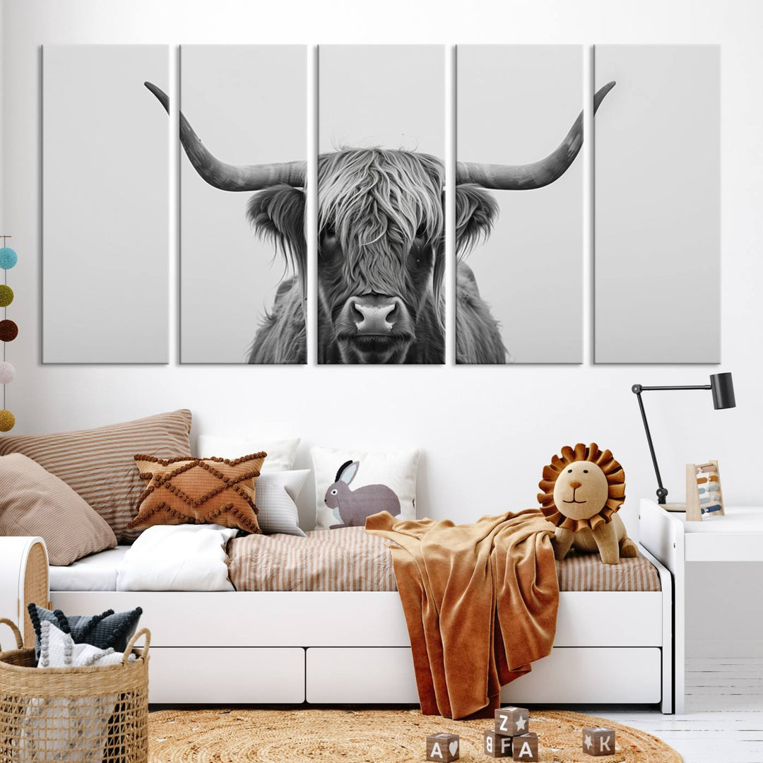 Bighorn Cow Black and White Animal Canvas Print Farmhouse Mountain House Wall Decor