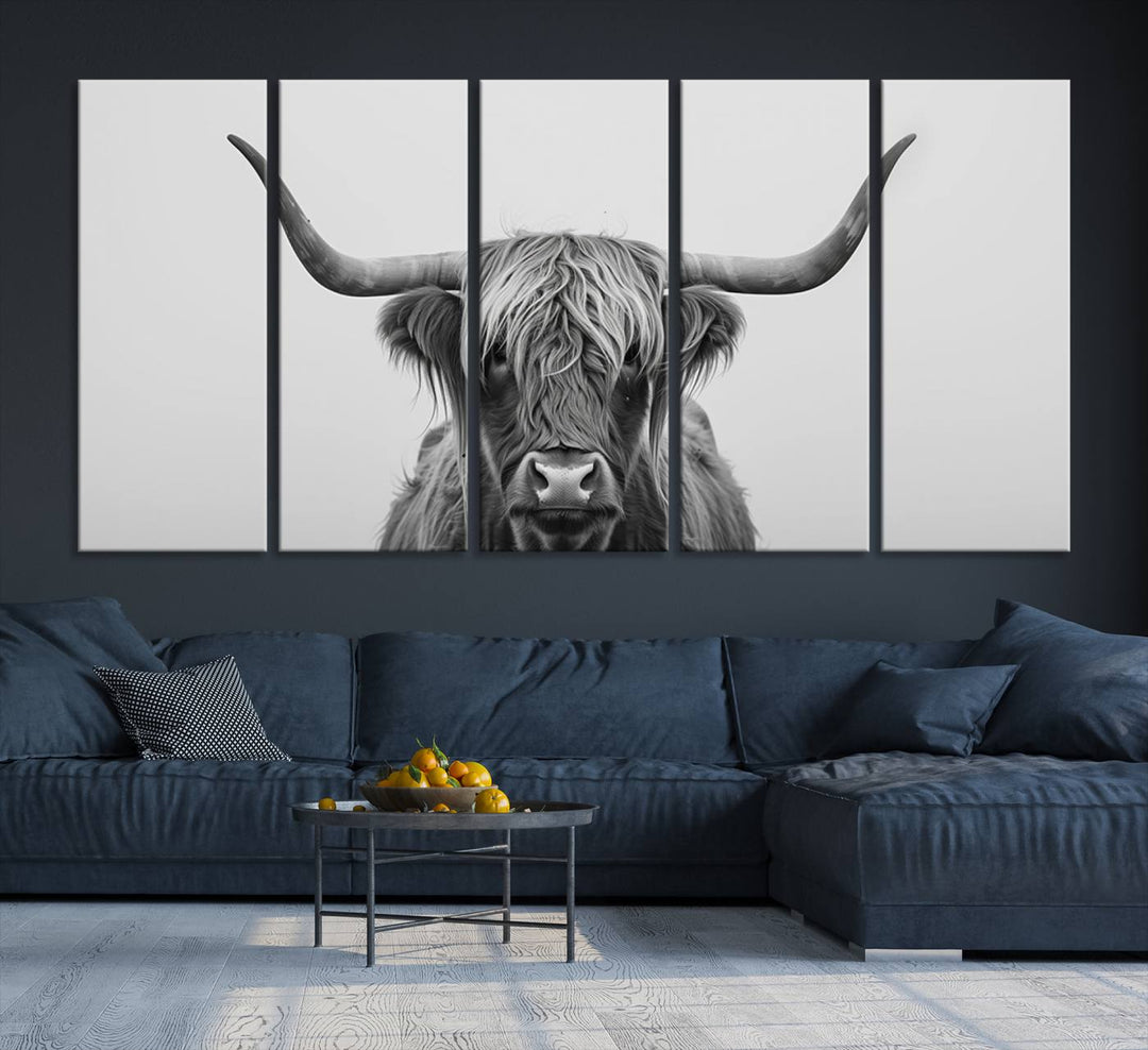 Bighorn Cow Black and White Animal Canvas Print Farmhouse Mountain House Wall Decor