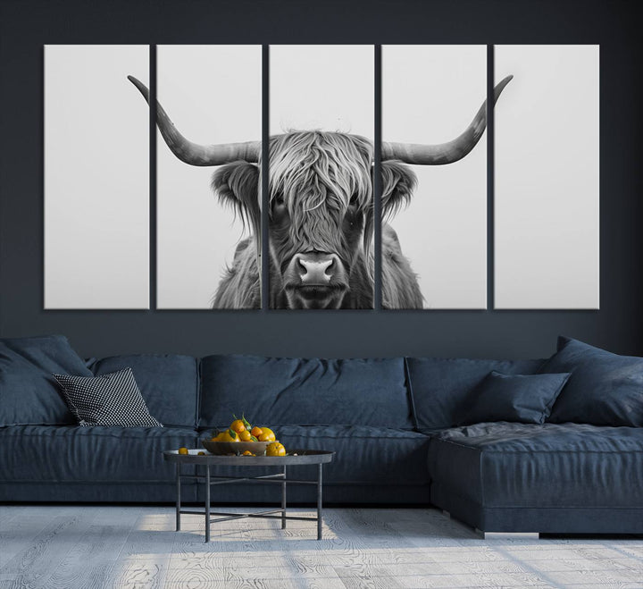 Bighorn Cow Black and White Animal Canvas Print Farmhouse Mountain House Wall Decor