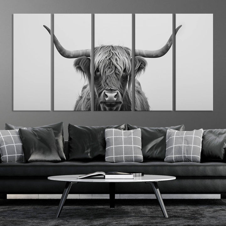 Bighorn Cow Black and White Animal Canvas Print Farmhouse Mountain House Wall Decor