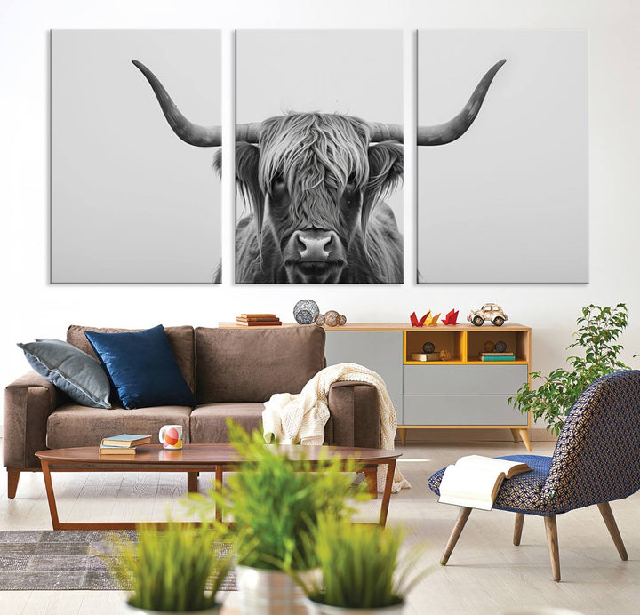 Bighorn Cow Black and White Animal Canvas Print Farmhouse Mountain House Wall Decor