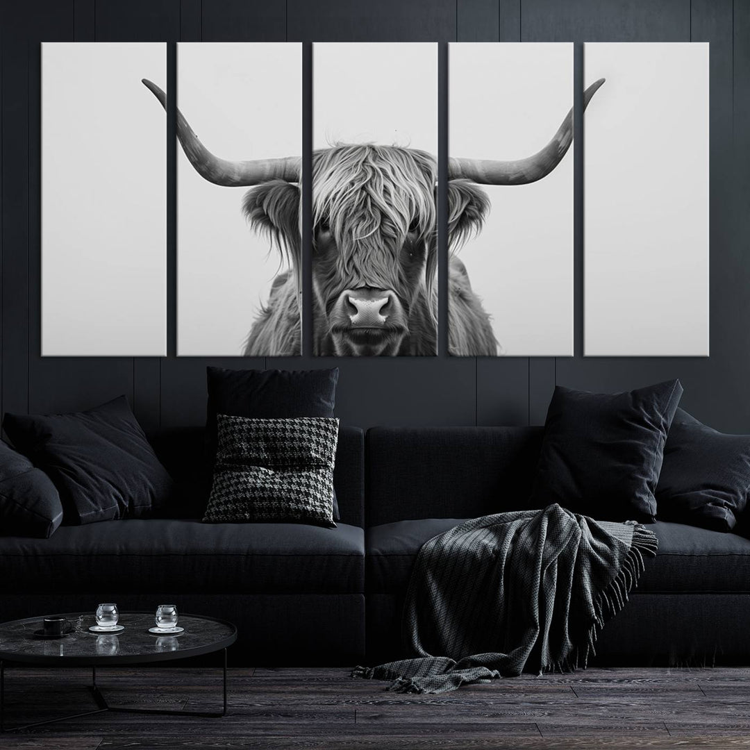 Bighorn Cow Black and White Animal Canvas Print Farmhouse Mountain House Wall Decor