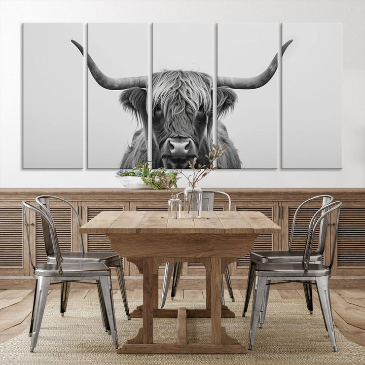 Bighorn Cow Black and White Animal Canvas Print Farmhouse Mountain House Wall Decor