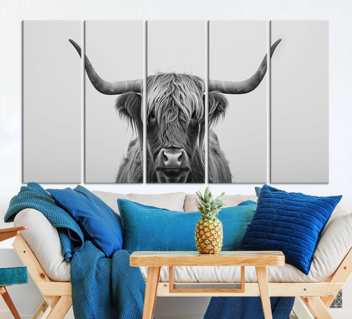 Bighorn Cow Black and White Animal Canvas Print Farmhouse Mountain House Wall Decor