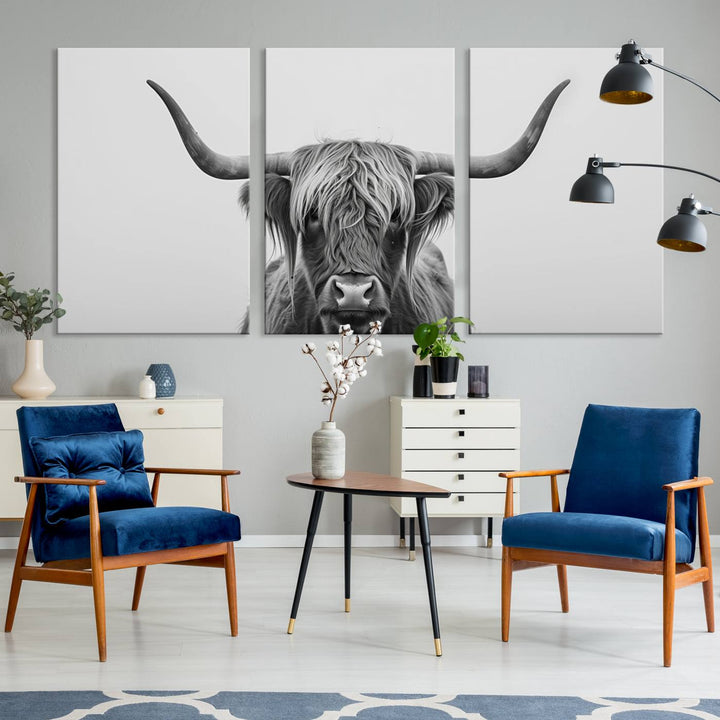 Bighorn Cow Black and White Animal Canvas Print Farmhouse Mountain House Wall Decor