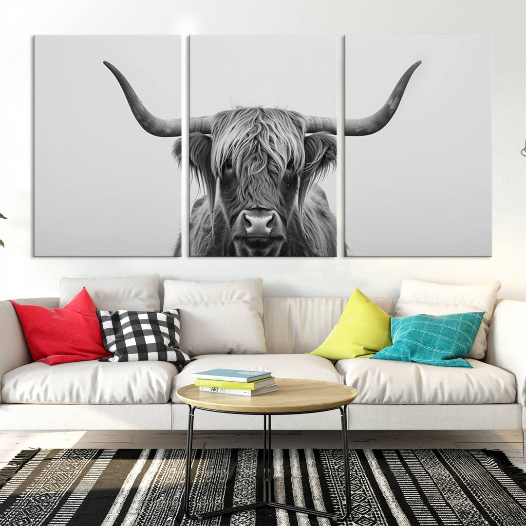 Bighorn Cow Black and White Animal Canvas Print Farmhouse Mountain House Wall Decor