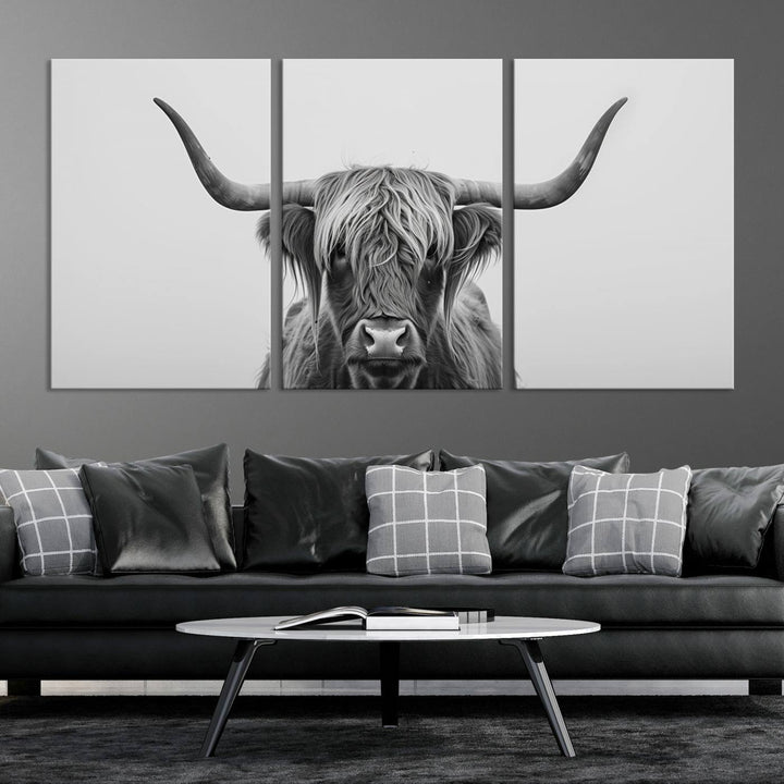 Bighorn Cow Black and White Animal Canvas Print Farmhouse Mountain House Wall Decor