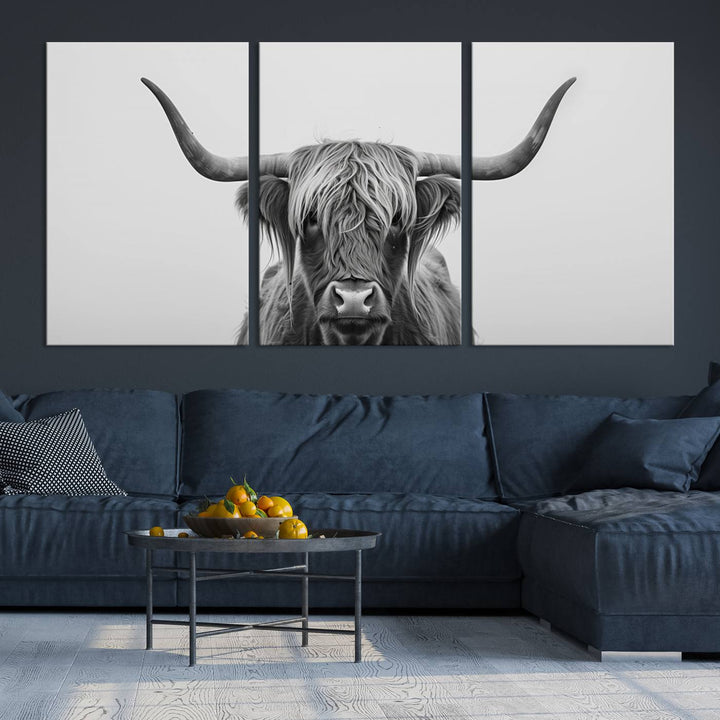 Bighorn Cow Black and White Animal Canvas Print Farmhouse Mountain House Wall Decor