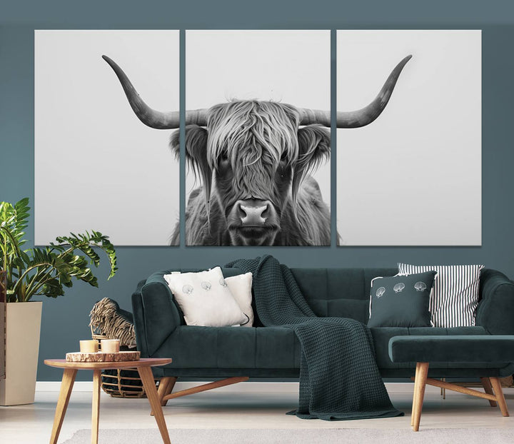 Bighorn Cow Black and White Animal Canvas Print Farmhouse Mountain House Wall Decor