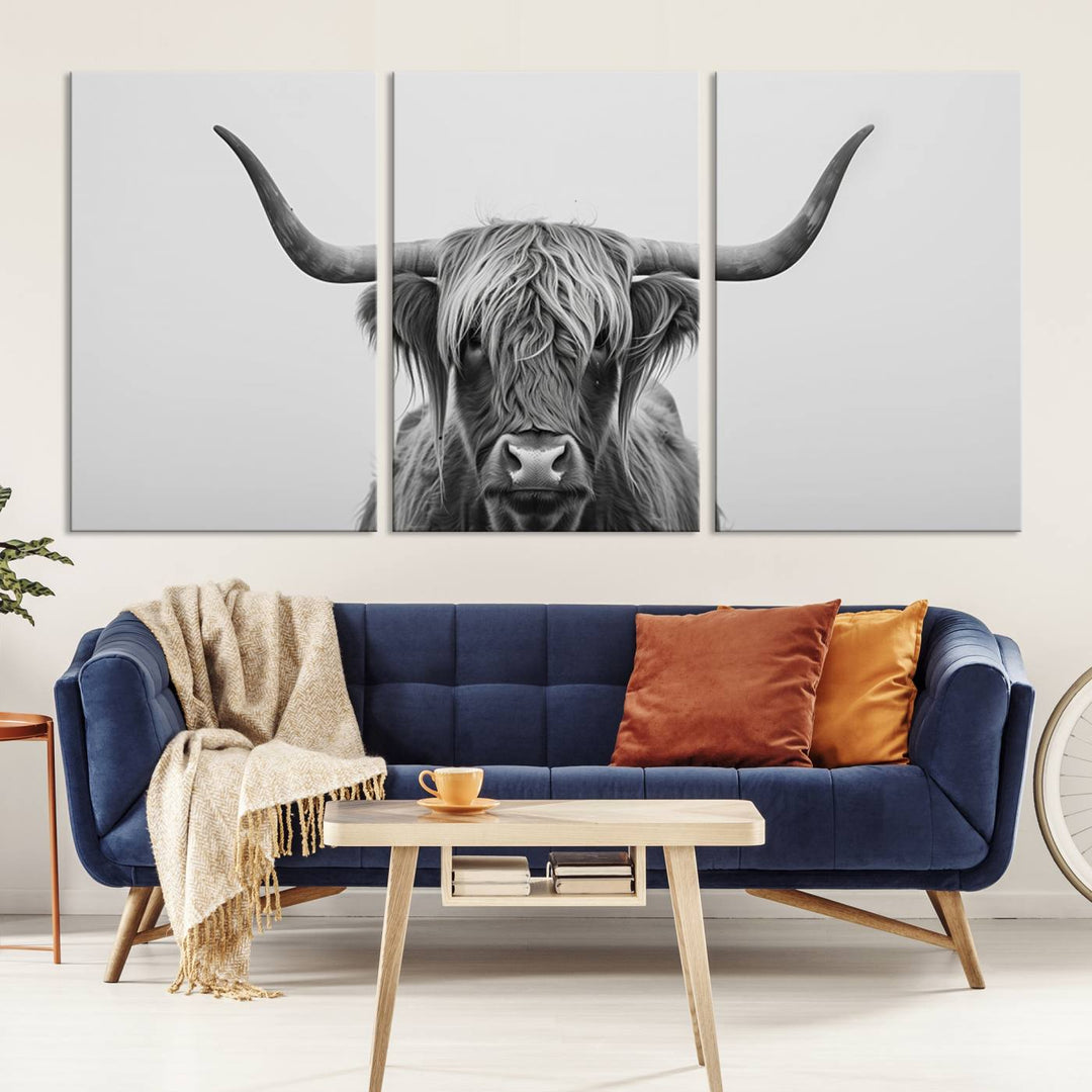 Bighorn Cow Black and White Animal Canvas Print Farmhouse Mountain House Wall Decor