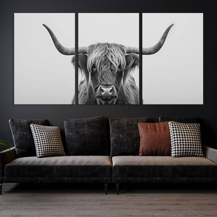 Bighorn Cow Black and White Animal Canvas Print Farmhouse Mountain House Wall Decor