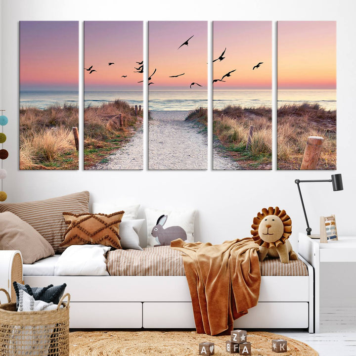 Birds on the Beach Sunset Wall Art Canvas Print