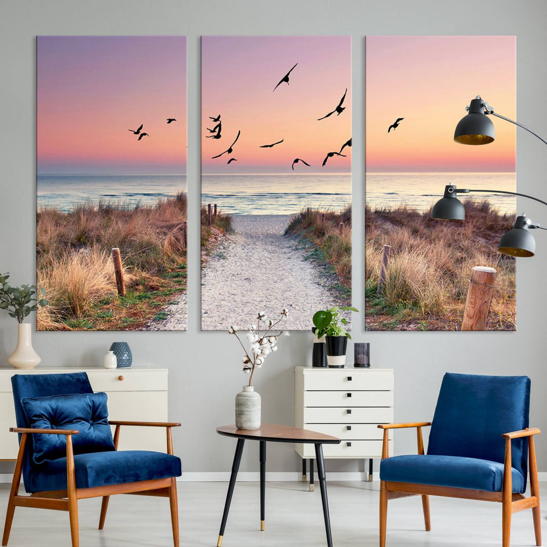 Birds on the Beach Sunset Wall Art Canvas Print