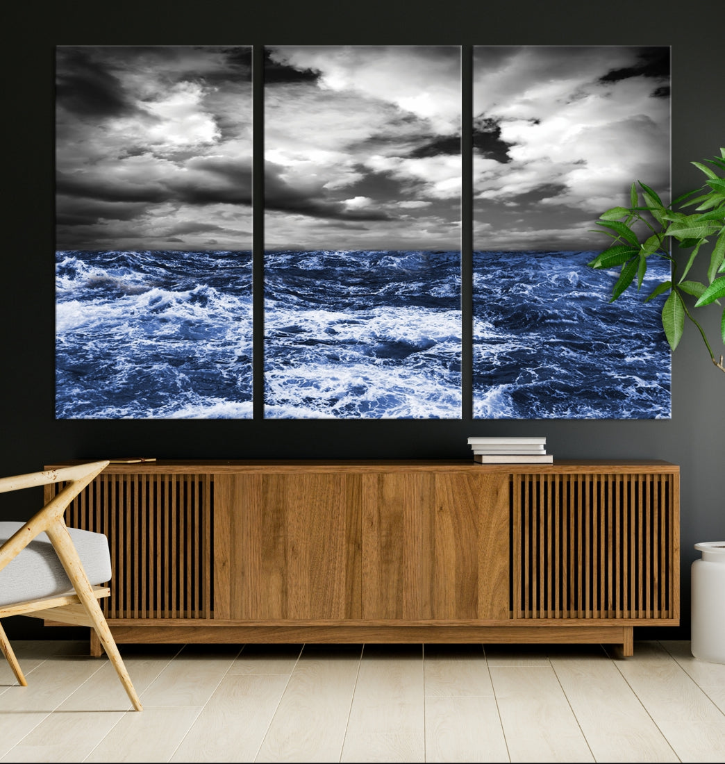 Black and Blue Hurricane on Ocean Wall Art Stormy Sea Canvas Print