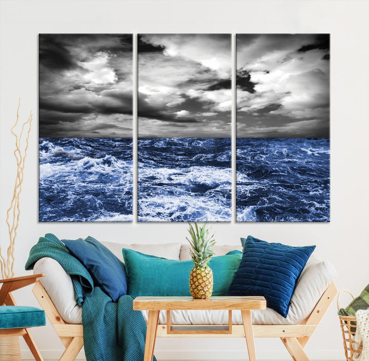 Black and Blue Hurricane on Ocean Wall Art Stormy Sea Canvas Print